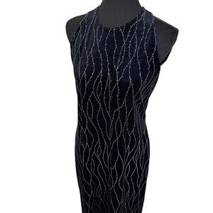 Vtg Y2K Ronni Nicole Black Velvet Womens Maxi Dress Open Back Halter Beaded Lg